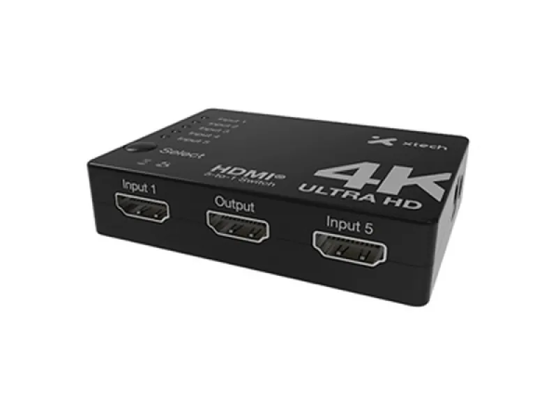 Xtech - Switch HDMI de 5 puertos a 1 - 4KUHD con control remoto XHA-430