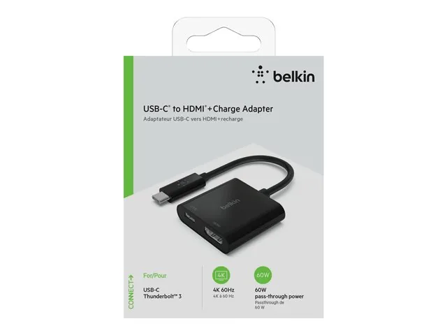 Belkin USB-C to HDMI + Charge Adapter - Adaptador de vídeo - 24 pin USB-C macho a HDMI, USB-C (solo alimentación) hembra - negro-compatibilidad con 4K, USB Power Delivery (60W)