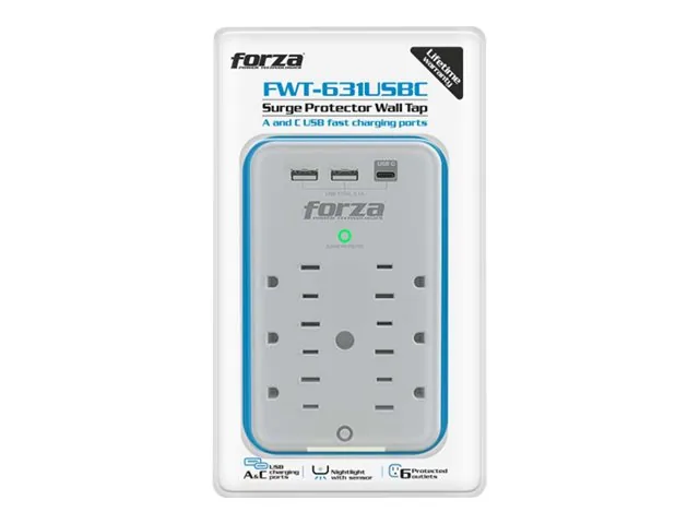 Forza FWT-631USBC - Protector contra sobretensiones (montaje en pared) - CA 125 V - 1875 vatios-conectores de salida: 6-blanco