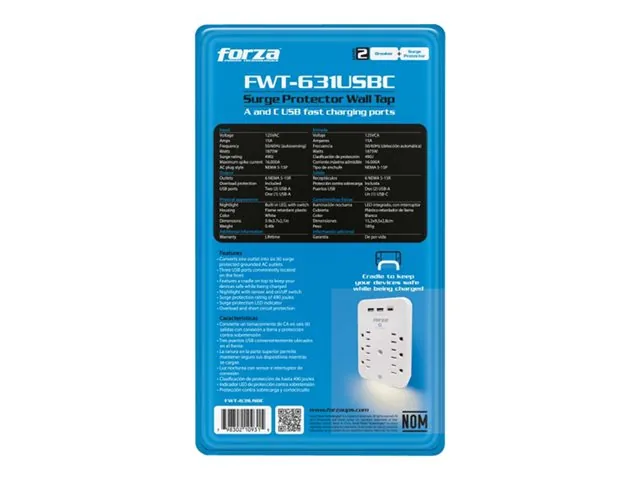 Forza FWT-631USBC - Protector contra sobretensiones (montaje en pared) - CA 125 V - 1875 vatios-conectores de salida: 6-blanco