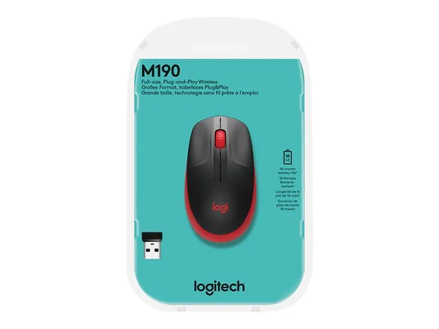 Logitech M190 - Mouse - óptico - 3 botones-inalámbrico-receptor inalámbrico USB-rojo