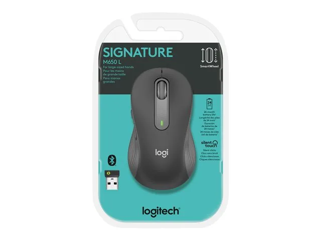 Logitech Signature M650 L - Mouse - tamaño completo - diestro-inalámbrico - 2.4 GHz, Bluetooth-receptor de USB Logitech Logi Bolt-grafito