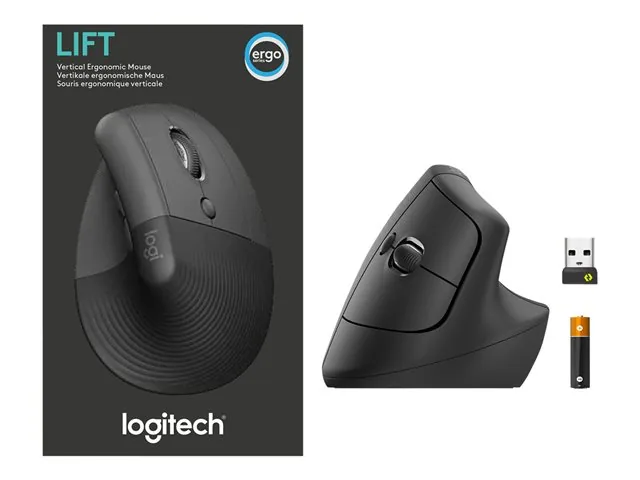 Logitech Lift Vertical Ergonomic Mouse - Mouse vertical - ergonómico - 6 botones-inalámbrico - 2.4 GHz, Bluetooth-receptor de USB Logitech Logi Bolt-grafito