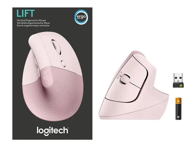 Logitech Lift Vertical Ergonomic Mouse - Mouse vertical - ergonómico - 6 botones-inalámbrico - 2.4 GHz, Bluetooth-receptor de USB Logitech Logi Bolt-rosa