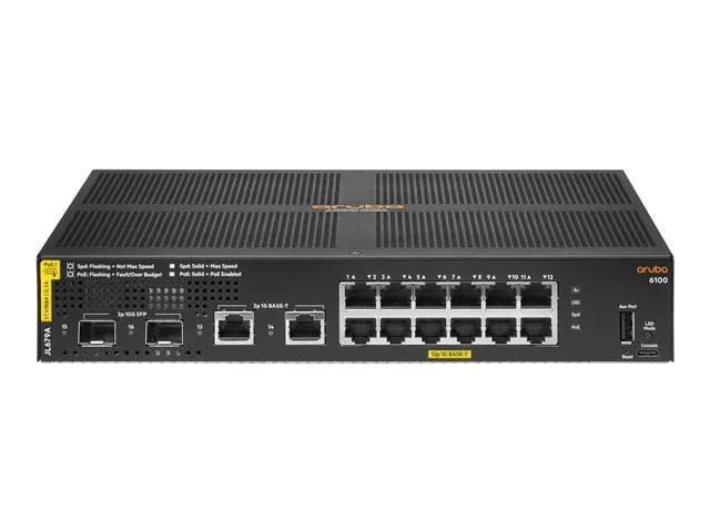 HPE Aruba 6100 12G Class4 PoE 2G/2SFP+ 139W Switch - Switch - Gestionado - 12 x 10/100/1000 (PoE+) + 2 x 1 Gigabit / 10 Gigabit SFP+ + 2 x 1000Base-T-montaje en rack-PoE+ (139 W)